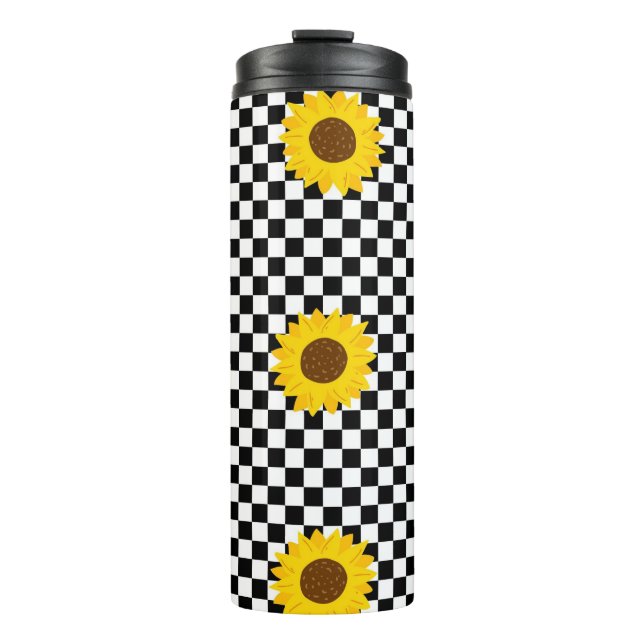 Black and White Sunflower Chequered Flower Pattern Thermal Tumbler (Front)