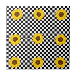 Black and White Sunflower Chequered Flower Pattern Tile