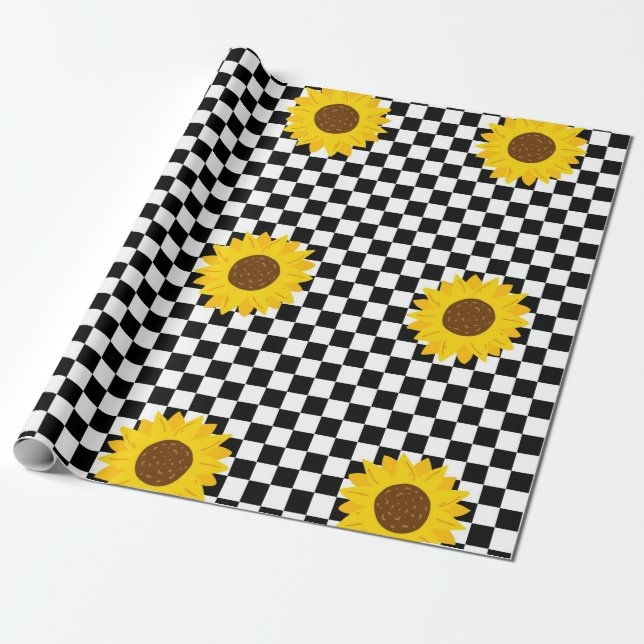 Black and White Sunflower Chequered Flower Pattern Wrapping Paper (Unrolled)