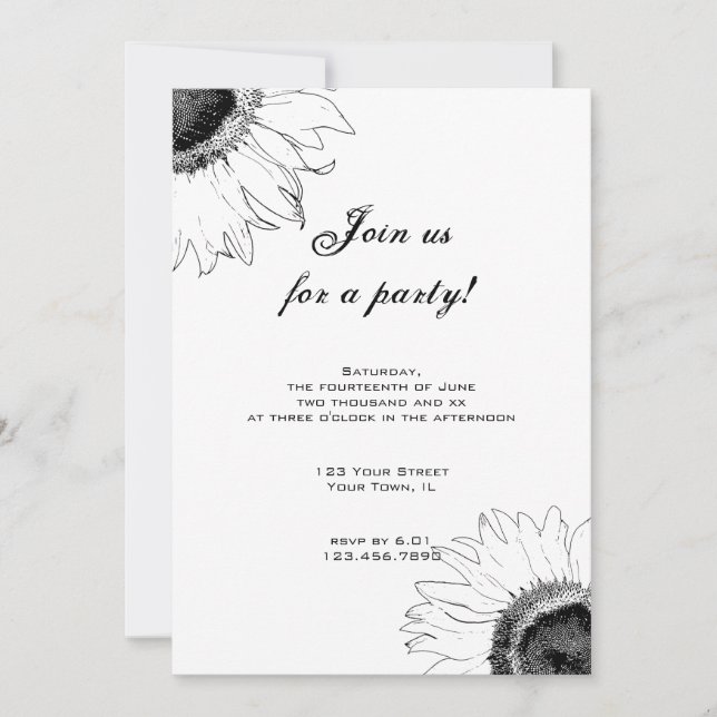Black and White Sunflower Party Invitation (Front)
