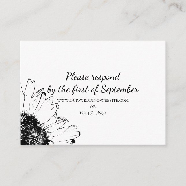 Black and White Sunflower Wedding RSVP Card (Front)