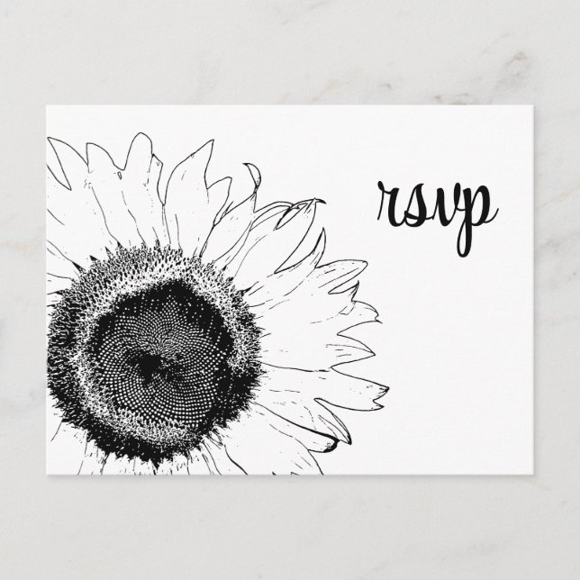 Black and White Sunflower Wedding RSVP Response Invitation Postcard (Front)
