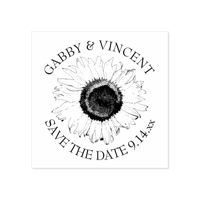 Black and White Sunflower Wedding Save the Date Rubber Stamp (Imprint)