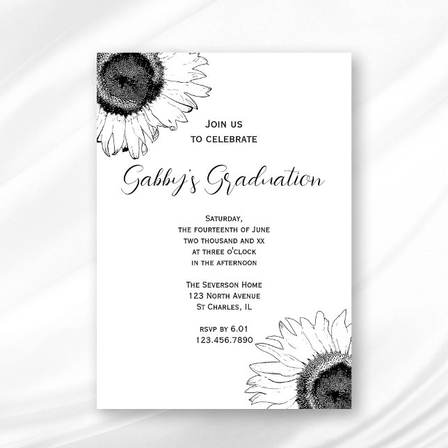 Black and White Sunflowers Graduation Party Invitation (Creator Uploaded)
