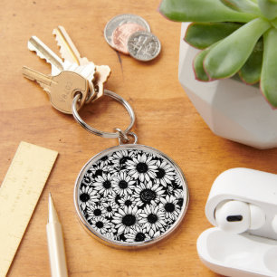black and white sunflowers keychain