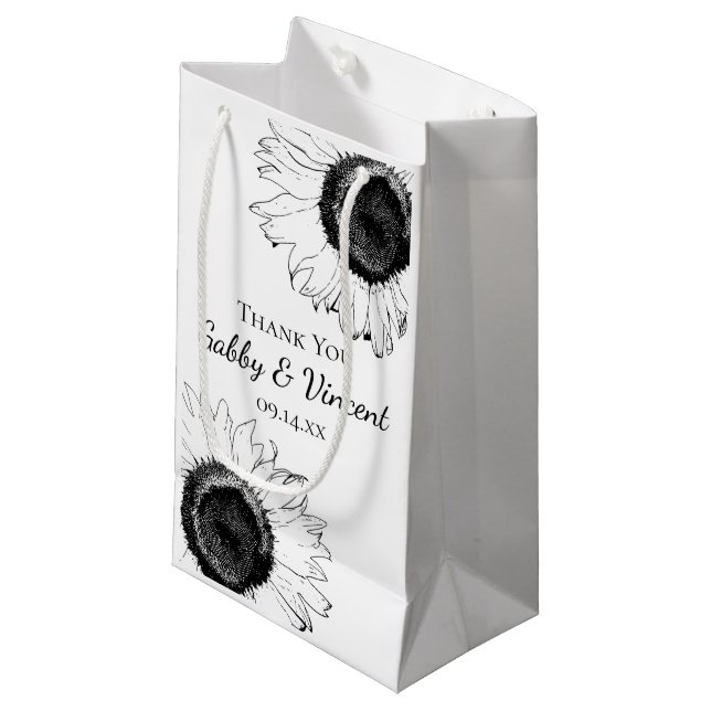 Black and White Sunflowers Thank You Wedding Small Gift Bag (Front Angled)