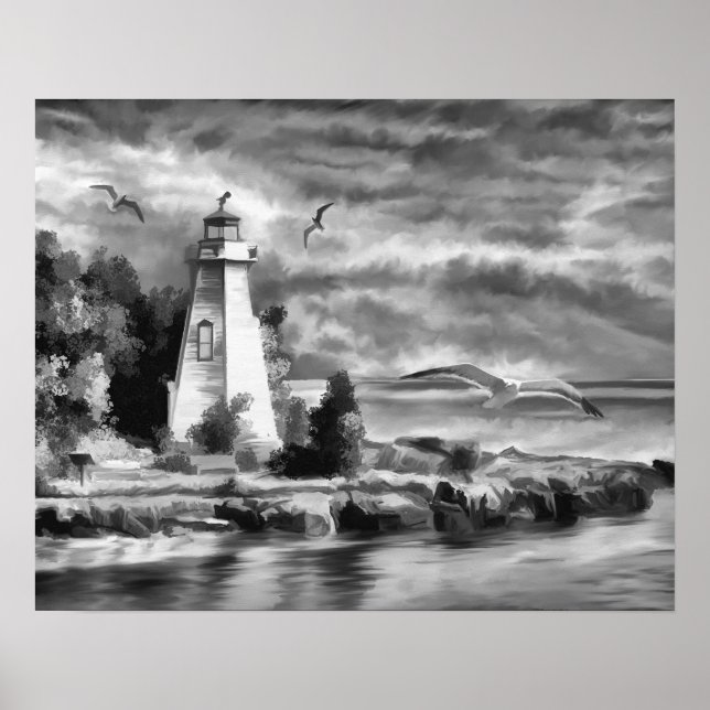 Black and White Sunset Ocean Lighthouse Poster (Front)