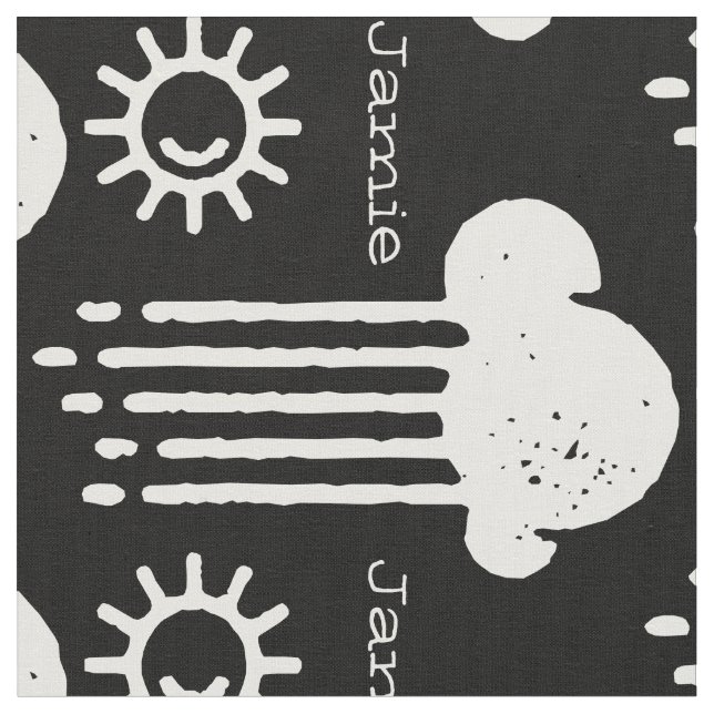 Black and White Sunshine Rain Cloud Personalised Fabric (Close Up)
