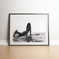 Black and White Surfer Girl in the Ocean