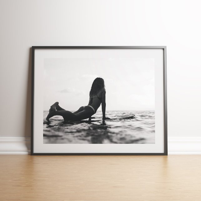 Black and White Surfer Girl in the Ocean Poster (Black and White Surfer Girl in the Ocean Poster on floor in black frame)