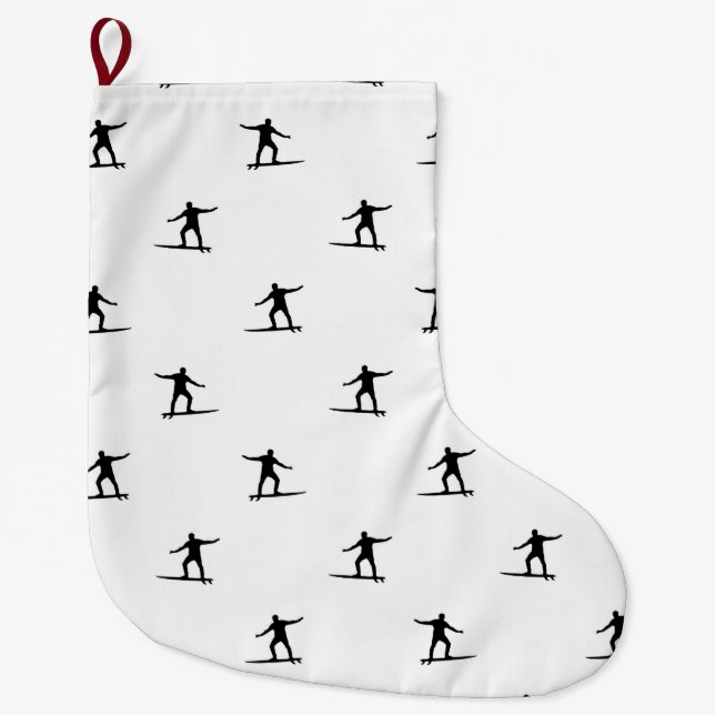 Black and White Surfing Motif Graphic Print Large Christmas Stocking (Front)