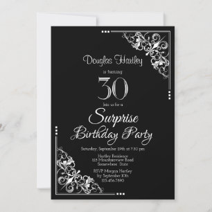 Black and White Surprise 30th Birthday Party Invitation