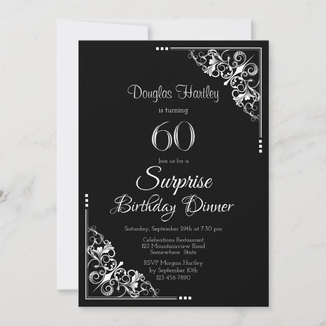 Black and White Surprise 60th Birthday Dinner Invitation (Front)