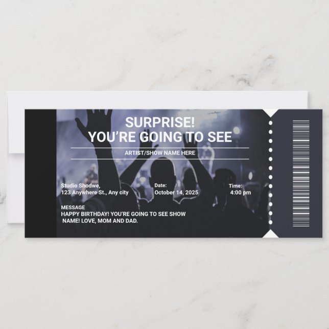 Black and White Surprise Concert Ticket Gift  Invitation (Front)