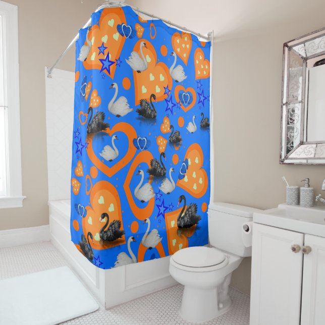 Black and White Swans Orange Hearts Shower Curtain (In Situ)