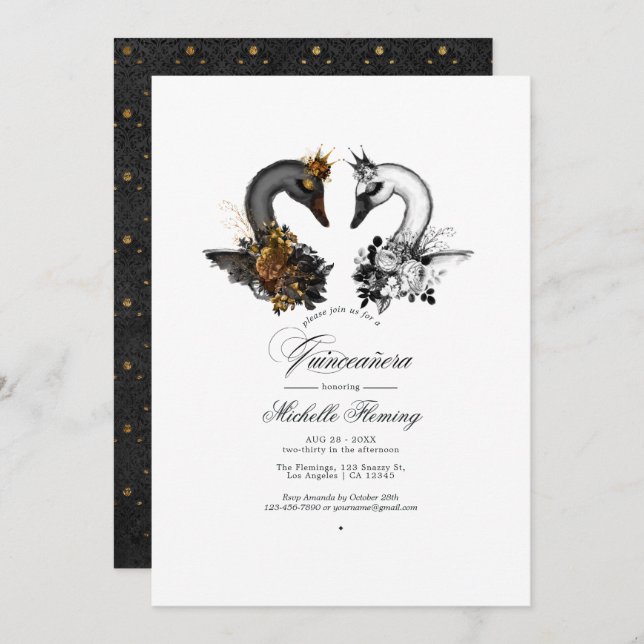 Black and White Swans Quinceañera Invitation (Front/Back)