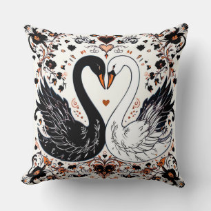 Black and White Swans Surrounded by Floral Designs Cushion