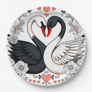 Black and White Swans Surrounded by Floral Designs Paper Plate