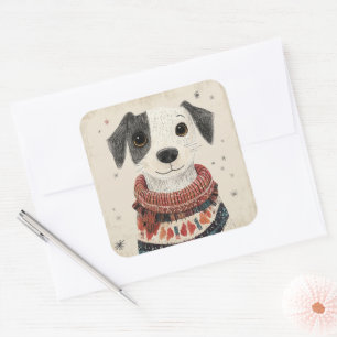Black and White Sweater Puppy with Snow Square Sticker