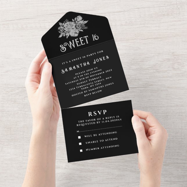 Black and White Sweet 16 Floral Sixteen  All In One Invitation (Tearaway)