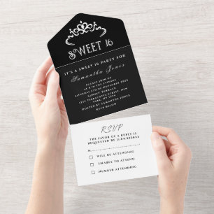 Black and White Sweet 16 Tiara Sixteen Modern All All In One Invitation