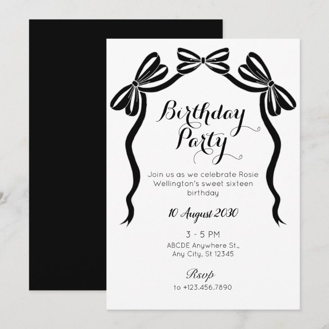 Black and white sweet tie ribbon bow birthday  invitation (Front/Back)