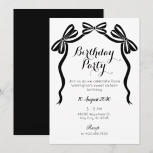Black and white sweet tie ribbon bow birthday  invitation
