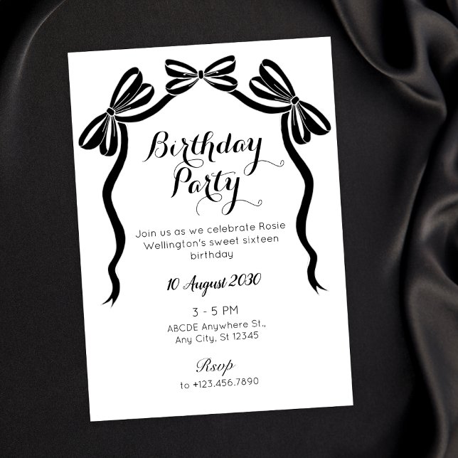 Black and white sweet tie ribbon bow birthday  invitation (Creator Uploaded)