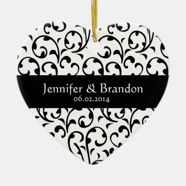 Black and White Swirl Damask Wedding Ornament (Front)
