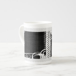 Black and White Swirl Flourish Grid Bone China Mug
