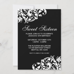 Black and White Swirl Flourish Sweet 16 Birthday Invitation