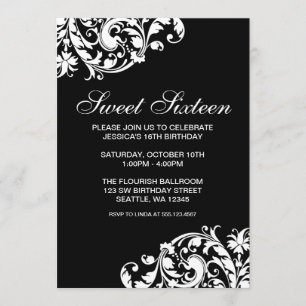 Black and White Swirl Flourish Sweet 16 Birthday Invitation