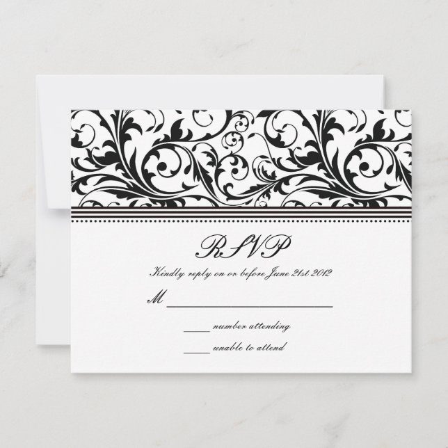Black and White Swirl Wedding RSVP (Front)
