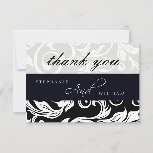 Black and White Swirl Wedding Thank You Card (Front)