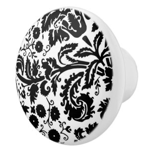 Black and white Swirling floral Damask Ceramic Knob
