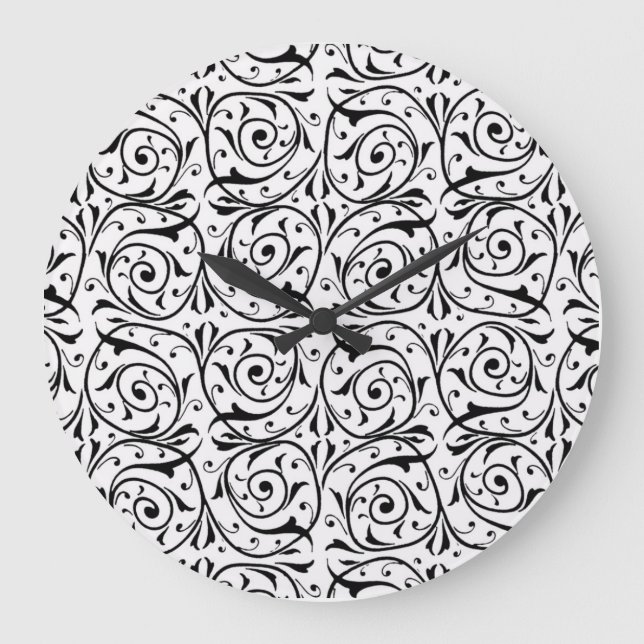Black and White Swirling Vines Pattern Large Clock (Front)