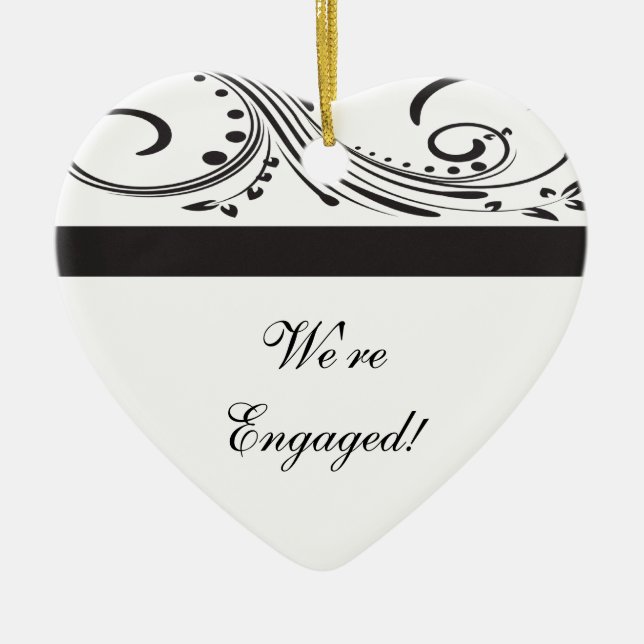 Black and White Swirls Engagement Ceramic Tree Decoration (Front)