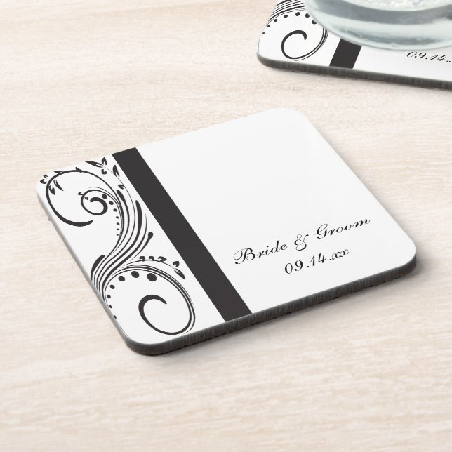 Black and White Swirls Wedding Coaster (Left Side)