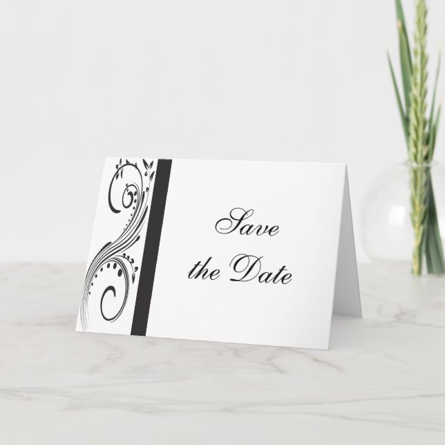 Black and White Swirls Wedding Save the Date Announcement (Front)