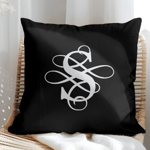 Black and White Swirly Flourish Initial Monogram Cushion