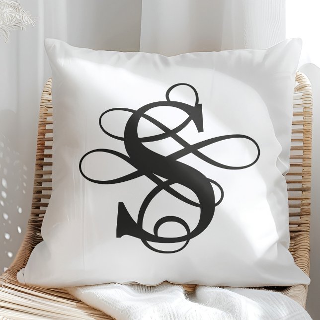 Black and White Swirly Flourish Initial Monogram Cushion (Creator Uploaded)
