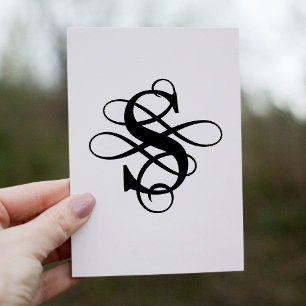 Black and White Swirly Flourish Initial Monogram Thank You Card