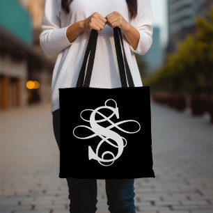 Black and White Swirly Flourish Initial Monogram Tote Bag