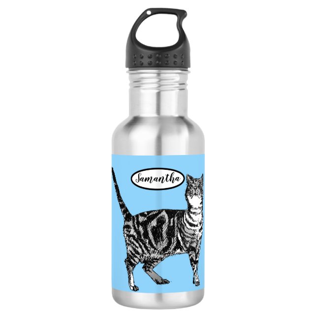 Black and White Tabby Cat Cats Blue Water Bottle (Front)