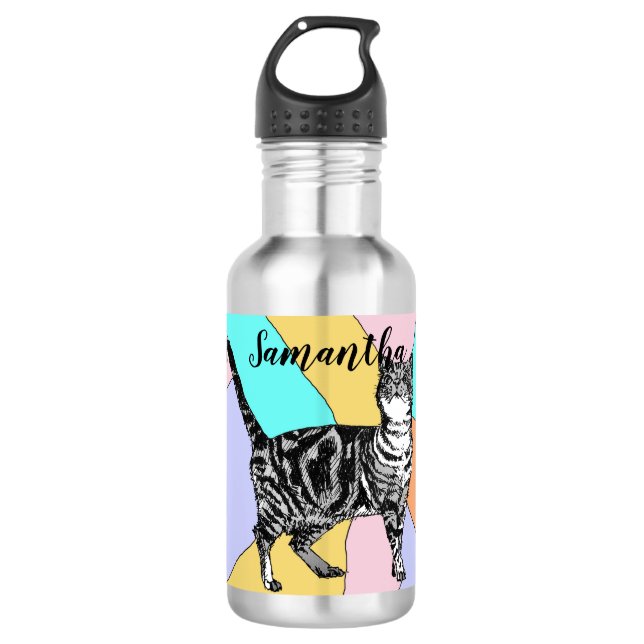Black and White Tabby Cat Cats Pastel Water Bottle (Front)