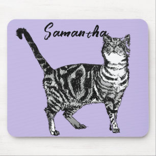 Black and White Tabby Cat Girls Name Purple Mouse Mat
