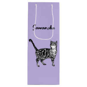 Black and White Tabby Cat Girls Name Purple  Wine Gift Bag