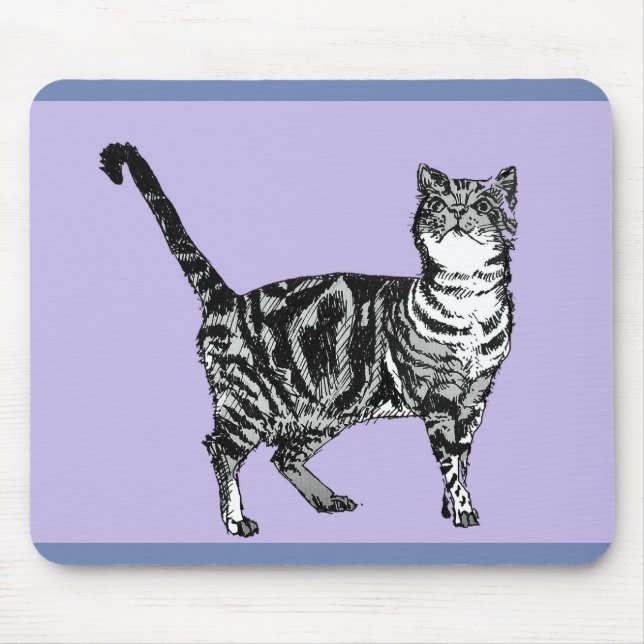 Black and White Tabby Cat Mouse Mat Purple (Front)