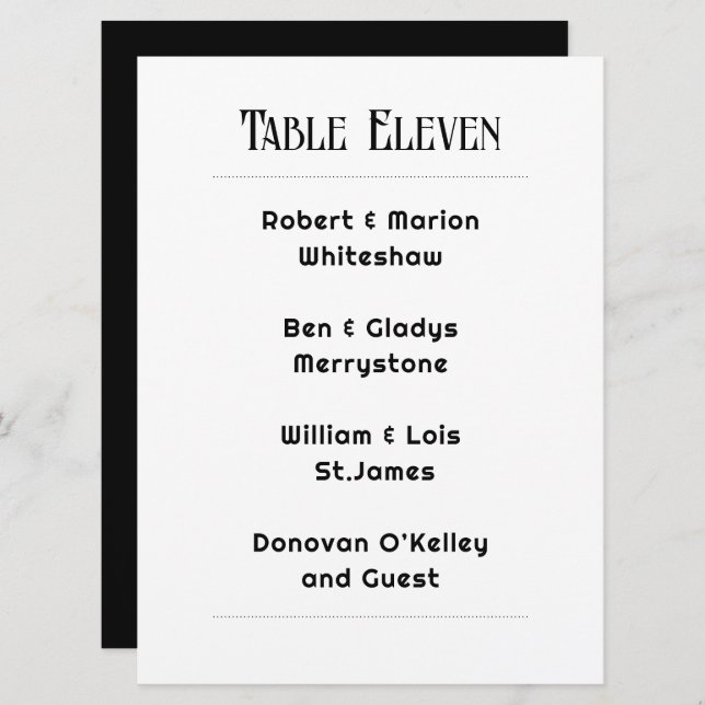 Black and White Table Number Guest List Card (Front/Back)