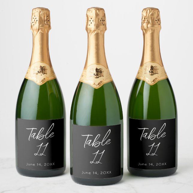 Black and White Table Number Wedding Sparkling Wine Label (Bottles)